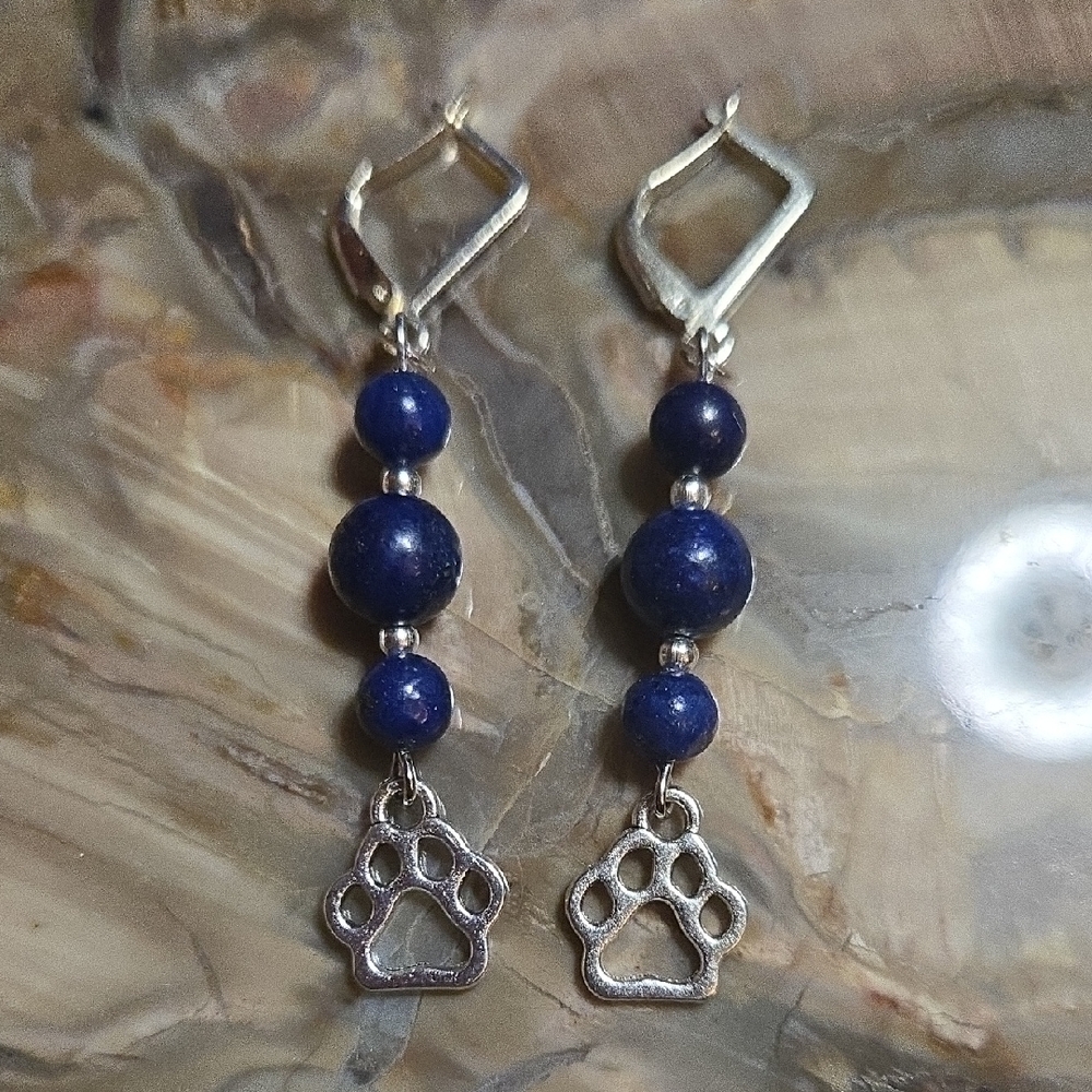 Blue Lapis Lazuli Beaded Paw Earrings